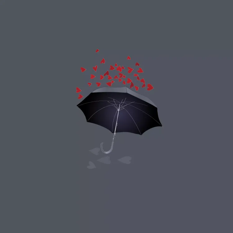 Artistic digital image of hearts falling on an umbrella
